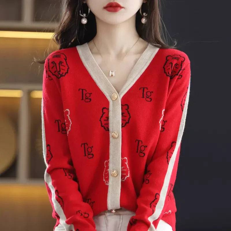 Chic 2-Color Knitted Cardigan Jacquard Loose-Fitting  with Long Sleeve