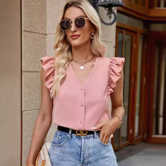 Ruffled Trim Button Front V Neck Top