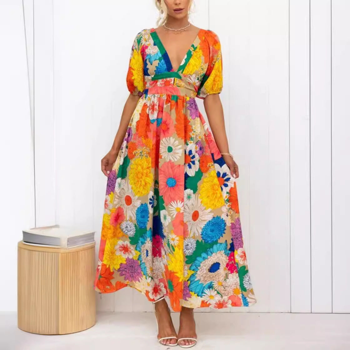 Floral Bliss V-neck Printed Dress with  Puff Sleeve