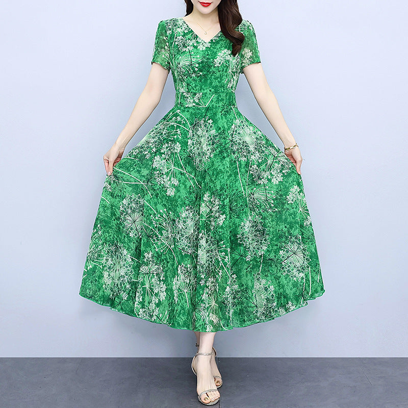 Artistic Chiffon Green Floral Dress with Princess Sleeves