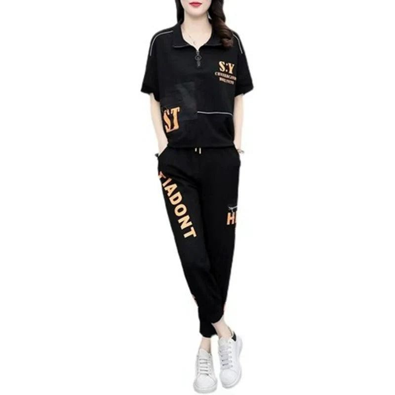 Urban Fashion Black Letter Casual  Sportsy Suit w/  Matching Top & Pants