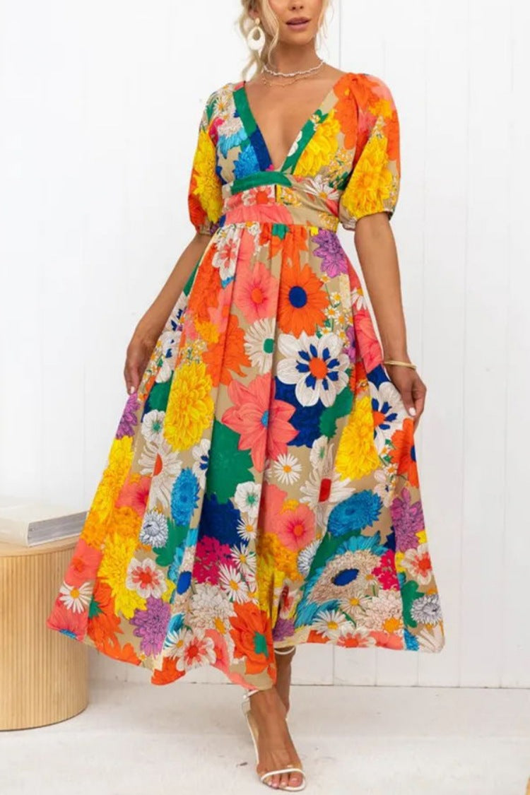 Floral Bliss V-neck Printed Dress with  Puff Sleeve