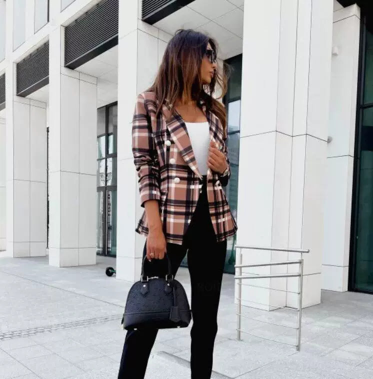 Total Styler Plaid Print Double-Breasted Blazer