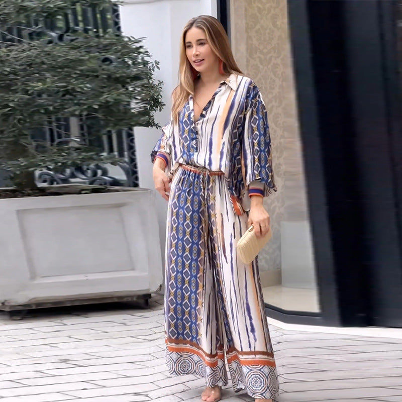 Diamond  Print Loose Printed Matching Two-piece  Set - Pants & Top