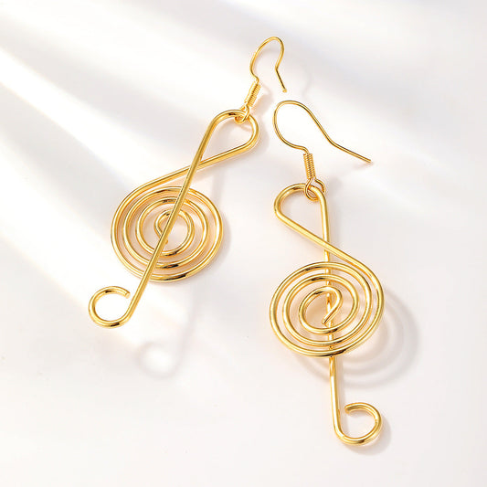 Playful Musical Clef Gold Dangle Drop Hook Earrings.