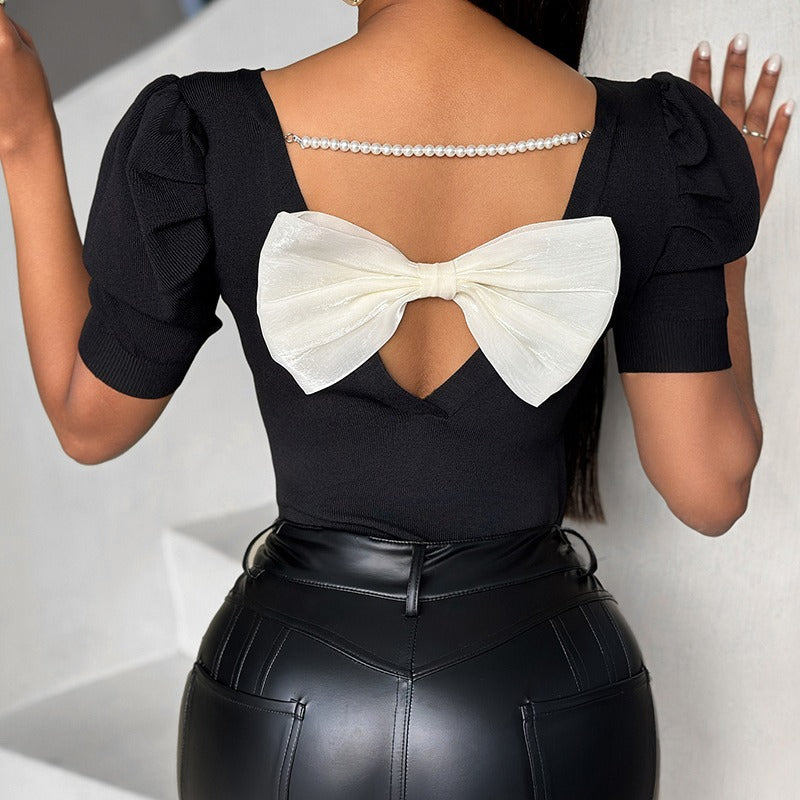 Classic Black  Top with White  Fashion Bowknot Design