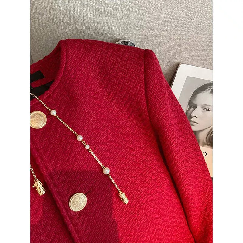 Red Classic Retro Style Crewneck Short Jacket with Gold Buttons