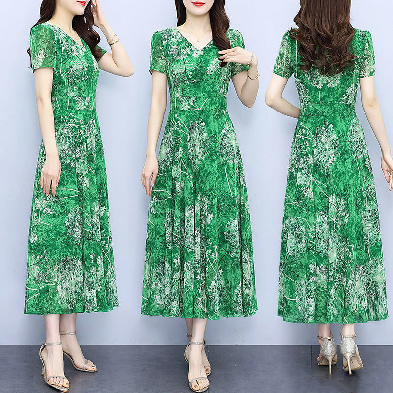 Artistic Chiffon Green Floral Dress with Princess Sleeves