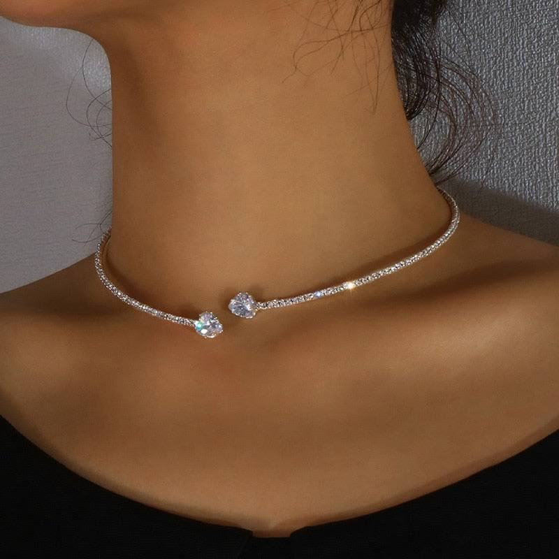 Unique Rhinestone Heart Open Collar Choker Necklace Silver or Gold.