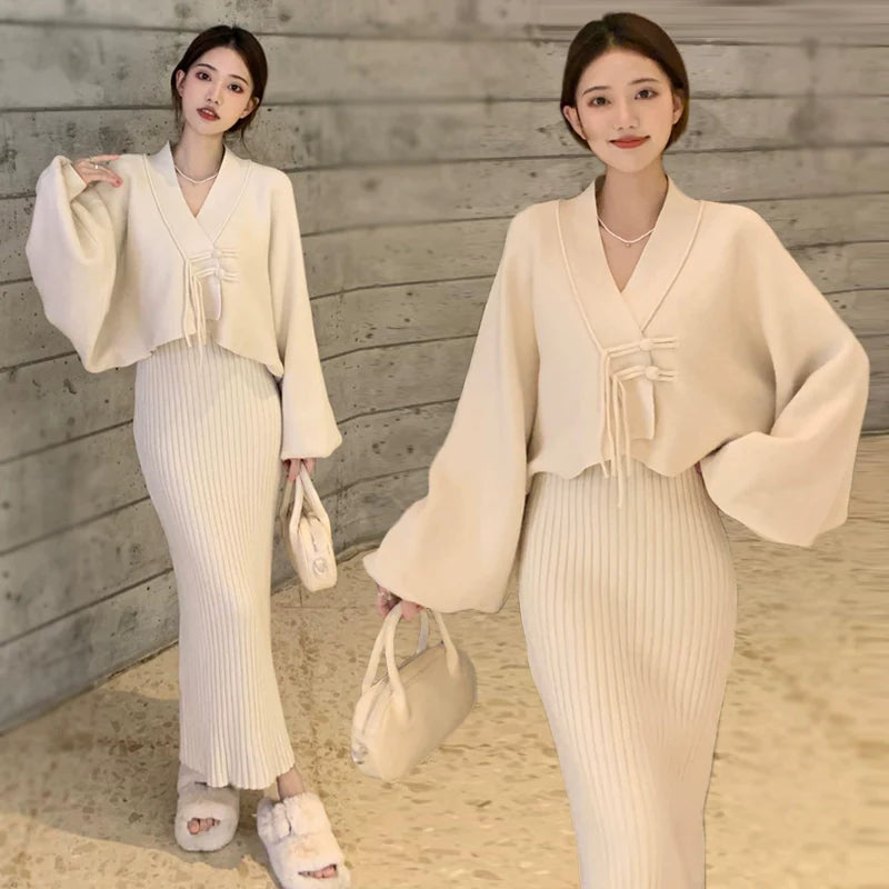 Elegant Knitted  Cashmere  Two-Piece Set with Cardigan& Dress