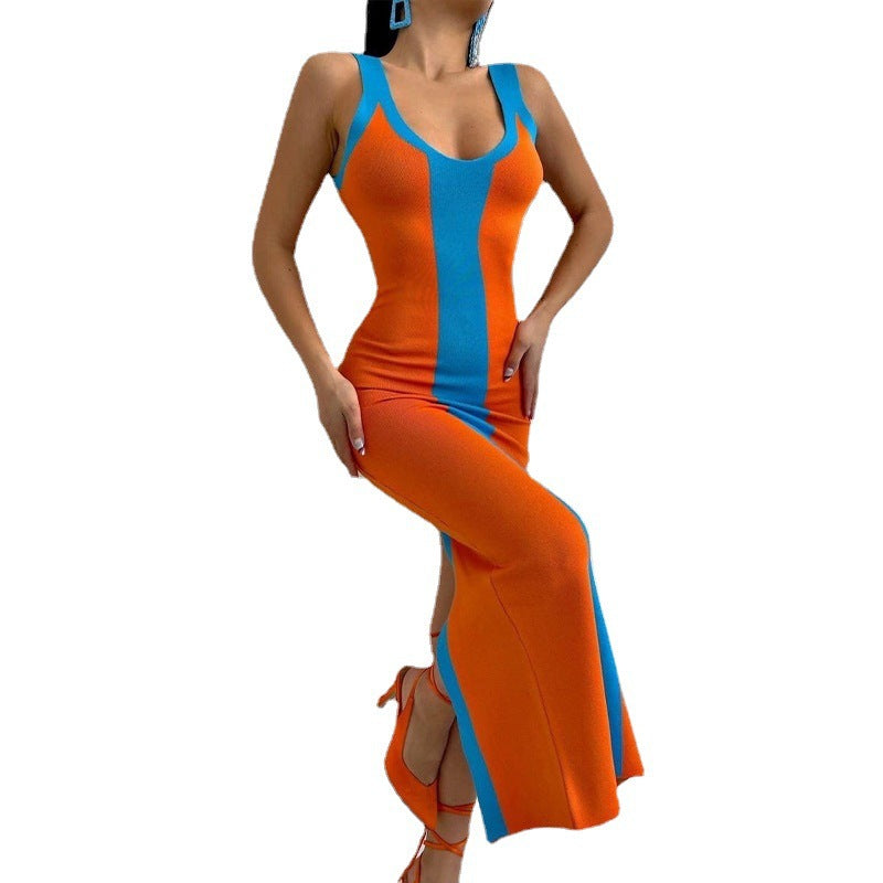 Vibrant Stitch Style Knitted Slim Fit Maxi Dress