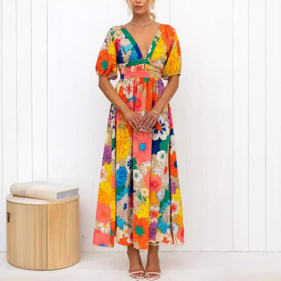 Floral Bliss V-neck Printed Dress with  Puff Sleeve