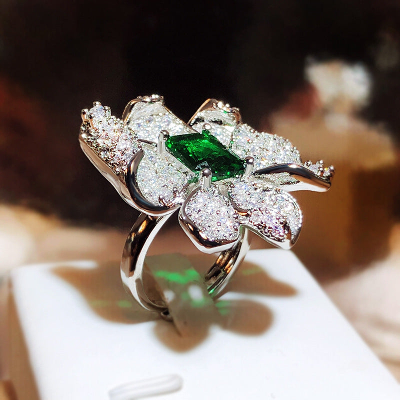 Square Cut Emerald Flower Petal CZ Ring - Adjustable Size Fits All.