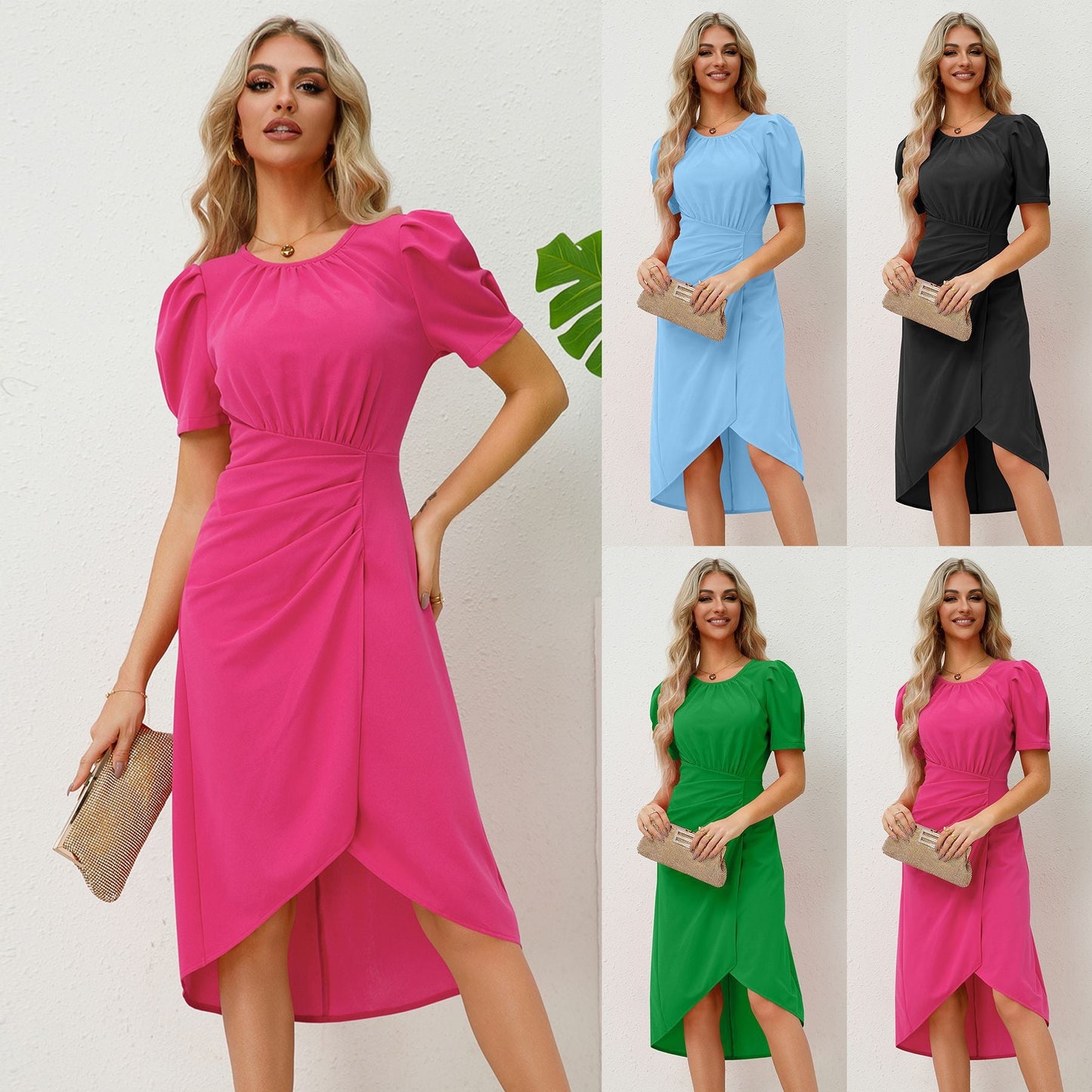 Elegant  Business  Round Neck  Slim Style Dress with Puff Sleeves