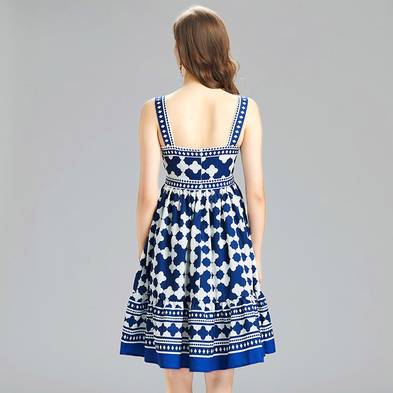 Blue Geometrical  Strap Dress