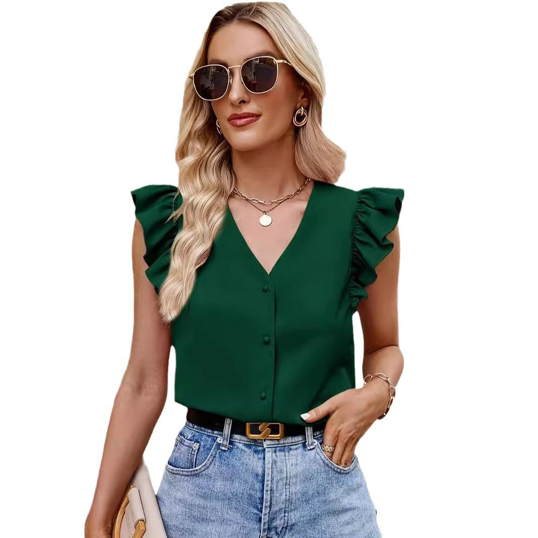 Ruffled Trim Button Front V Neck Top