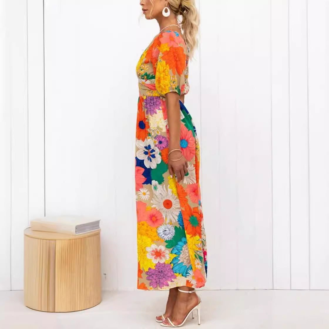 Floral Bliss V-neck Printed Dress with  Puff Sleeve