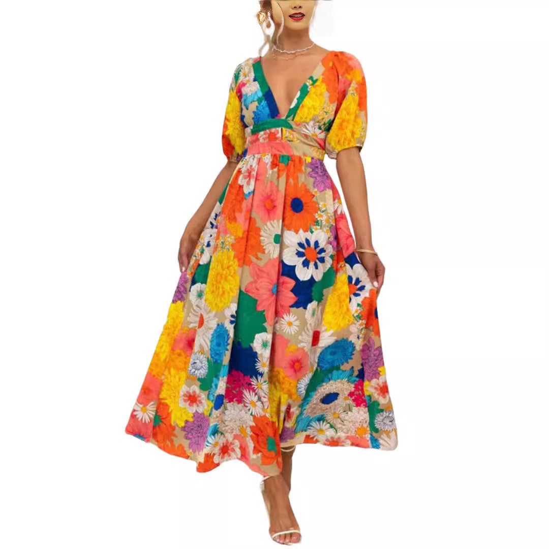 Floral Bliss V-neck Printed Dress with  Puff Sleeve