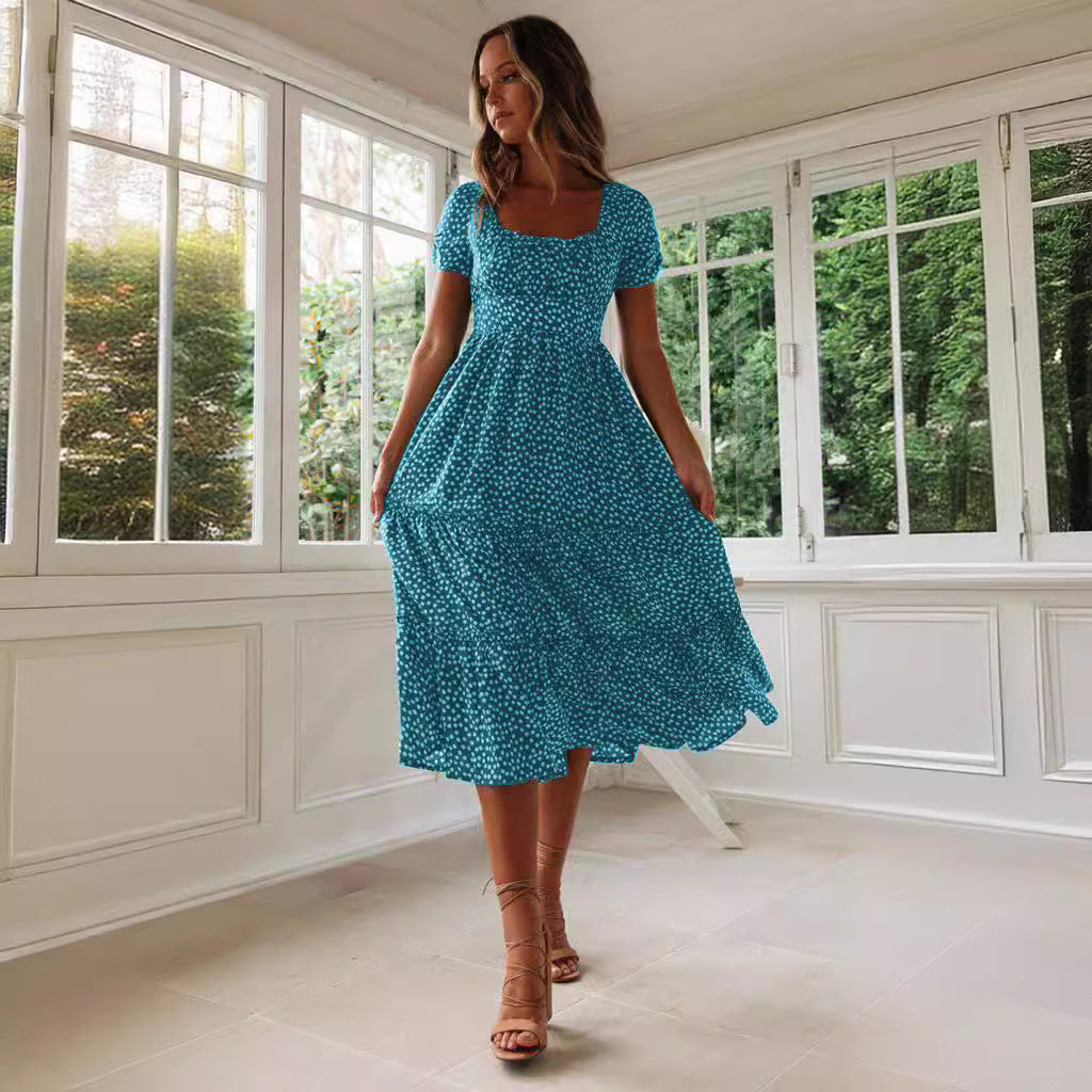 Square Collar Short Sleeve Summer Floral Dress