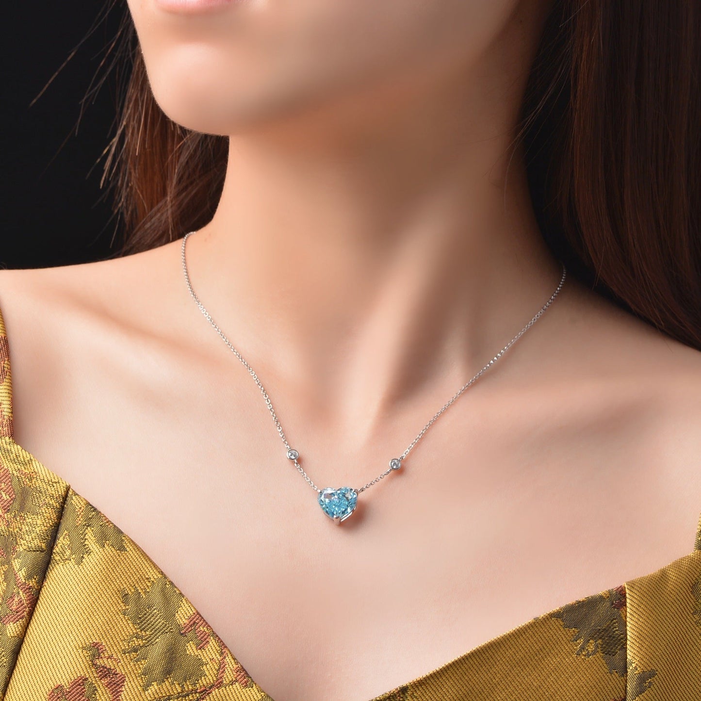 Sea Blue Ocean Heart-shaped Crystal Zircon Sterling Silver Necklace.