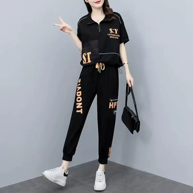 Urban Fashion Black Letter Casual  Sportsy Suit w/  Matching Top & Pants