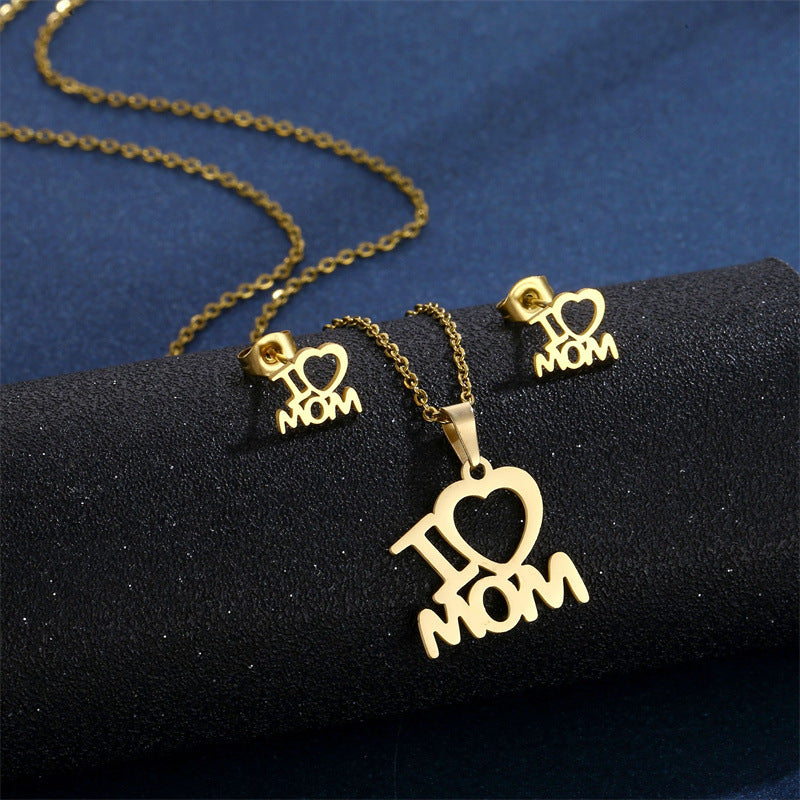 I Love Mom Gold Heart Gift Set - Pendant, Necklace, Earrings, Mother's Day, Birthday, Thanksgiving