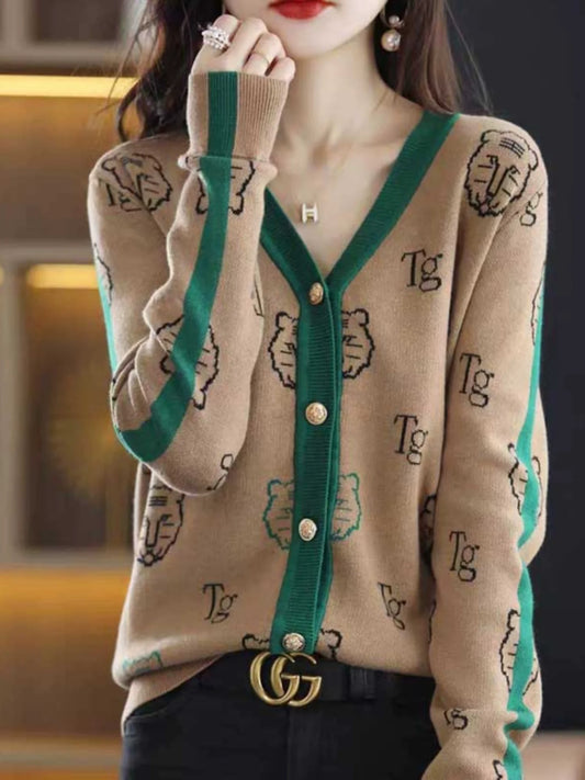 Chic 2-Color Knitted Cardigan Jacquard Loose-Fitting  with Long Sleeve