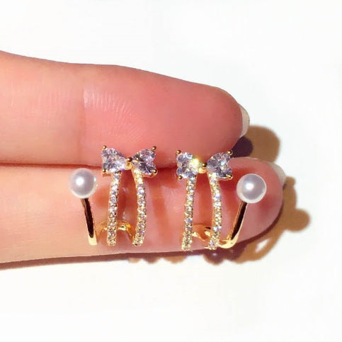 Bow & Pearl Accent Stud Earrings, Gold or Silver Surrounded by Sparkling Gems.