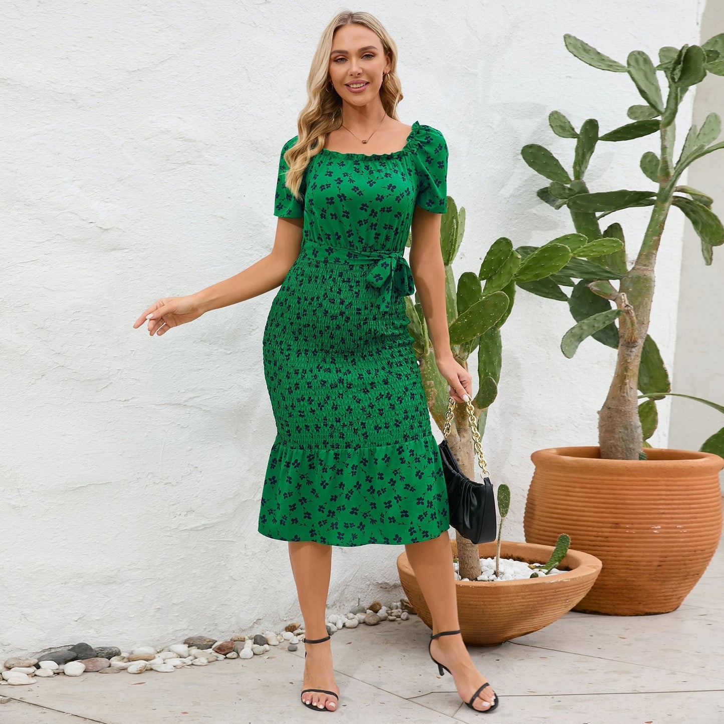 Flowers Elastic  Ruffles  Dress