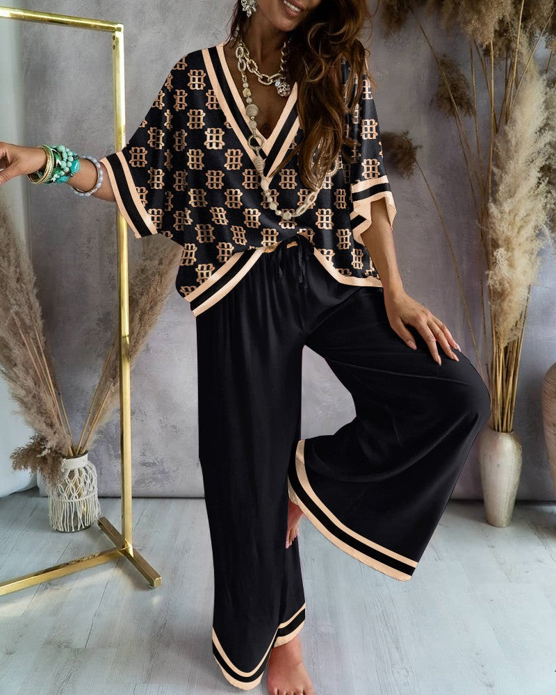 Elegant 2-Piece Suit with Batwing Sleeve Top & Wide Leg Pants