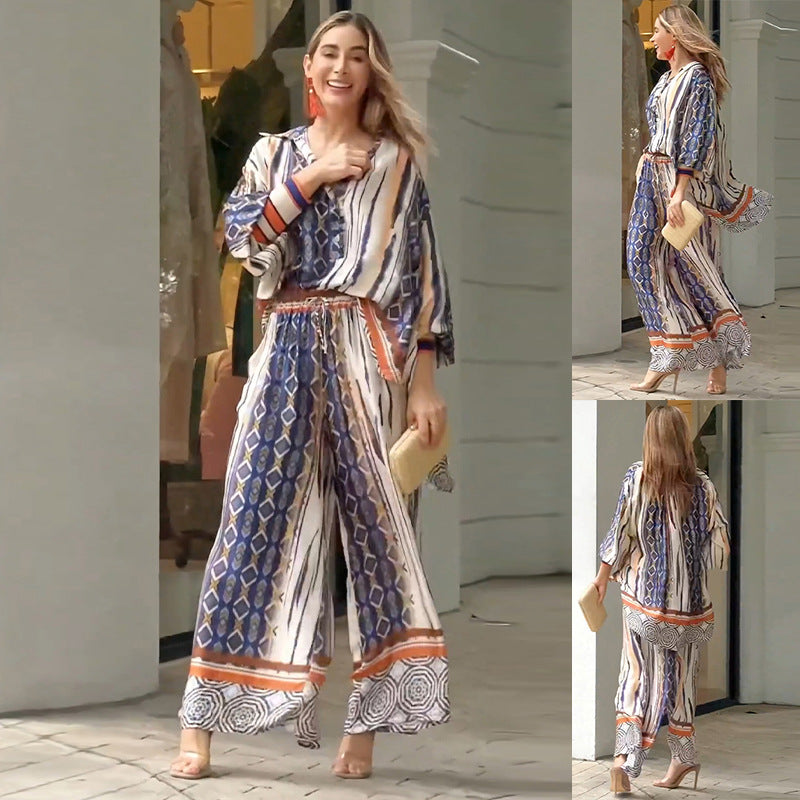 Diamond  Print Loose Printed Matching Two-piece  Set - Pants & Top