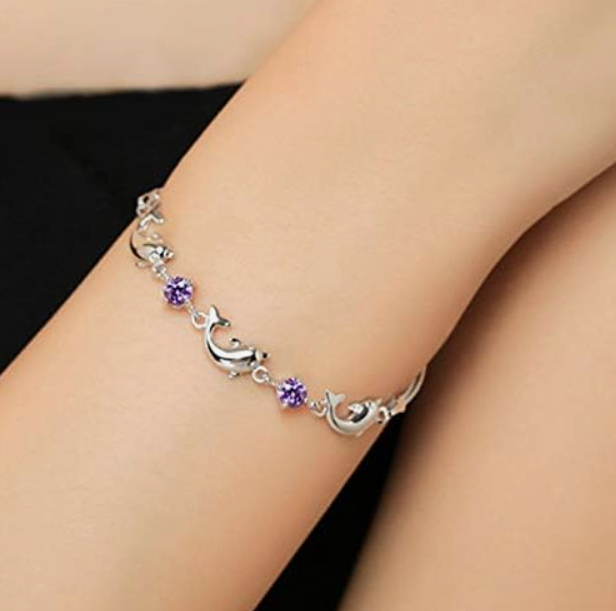 Playful Swimming Dolphins Amethyst 925 Sterling Silver Bracelet.