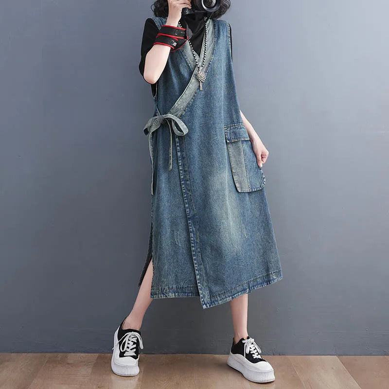 Classic Leisure Fashion Loose Belt Sleeveless Denim Dresses