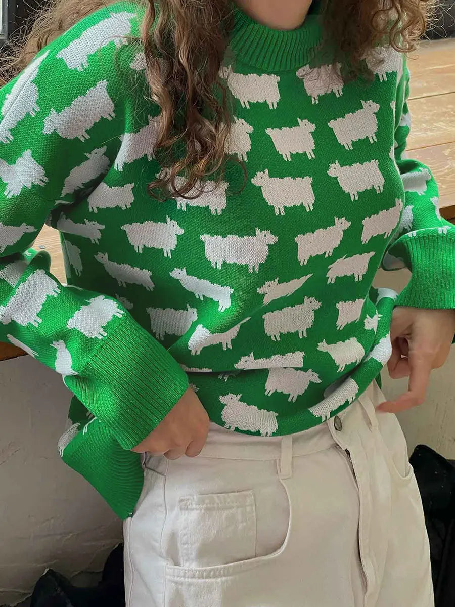 O-neck Alpaca Loose Casual Mid Length Printed Sweater