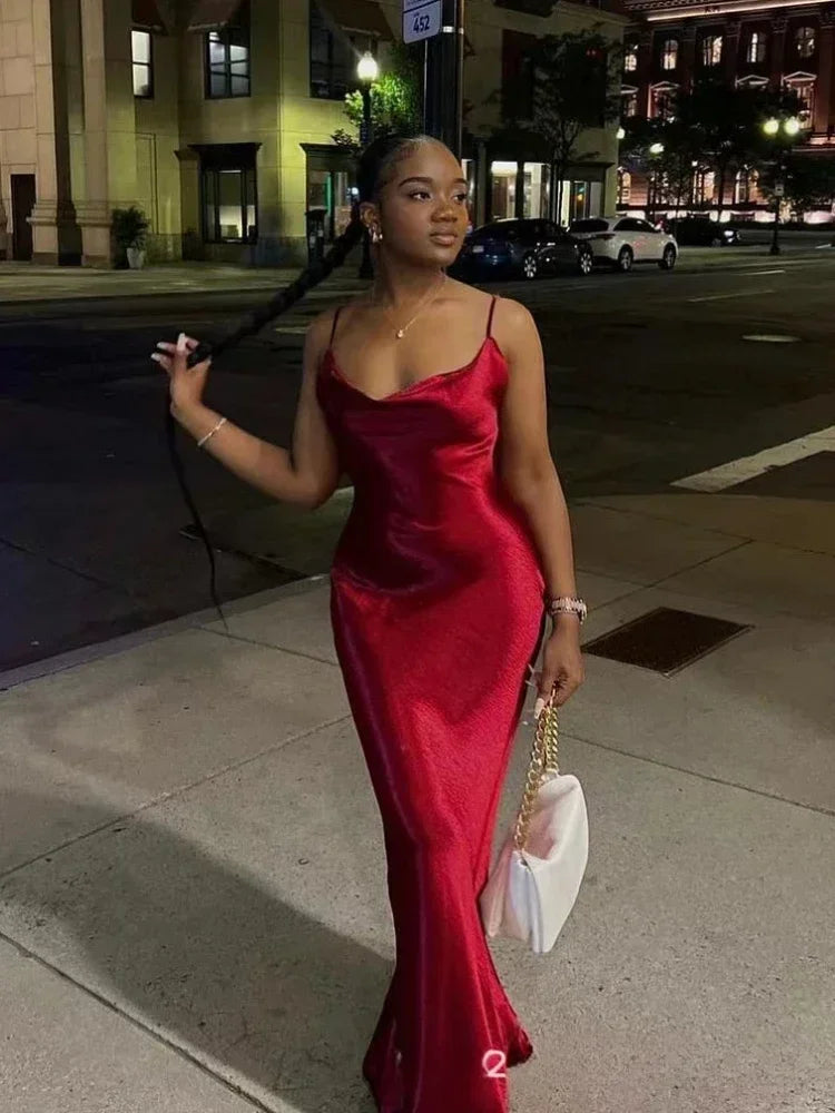 Spaghetti Strap Sleeveless Elegant Satin Backless Maxi Dress