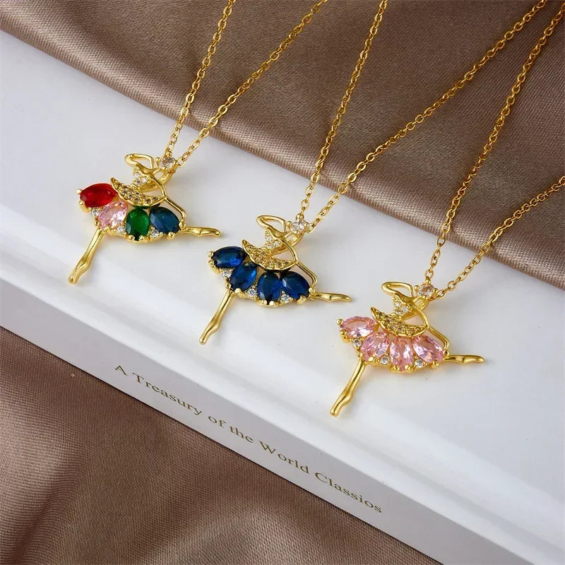 Colorful Zircon Ballerina Girl Pendant Necklace
