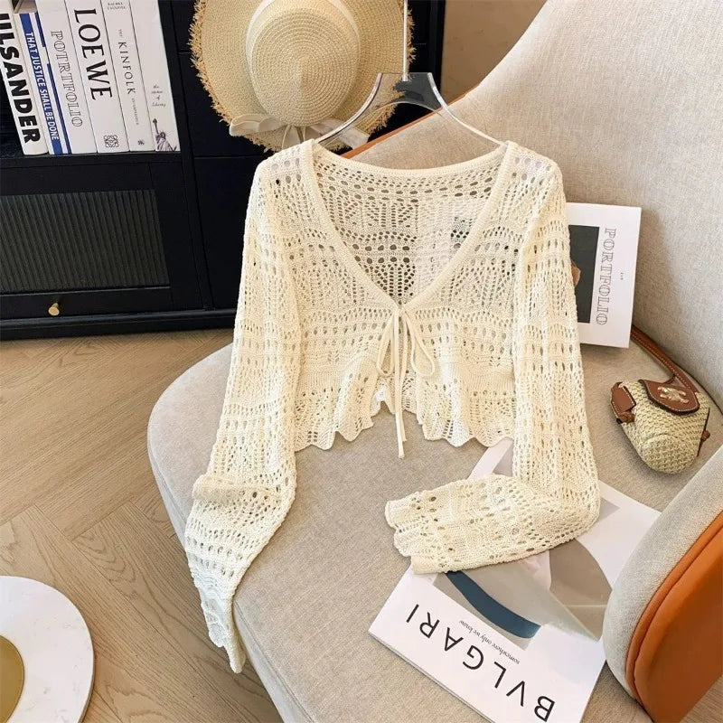 Casual Comfort Crochet  Short Top  Knitted Cardigan with Long Sleeves