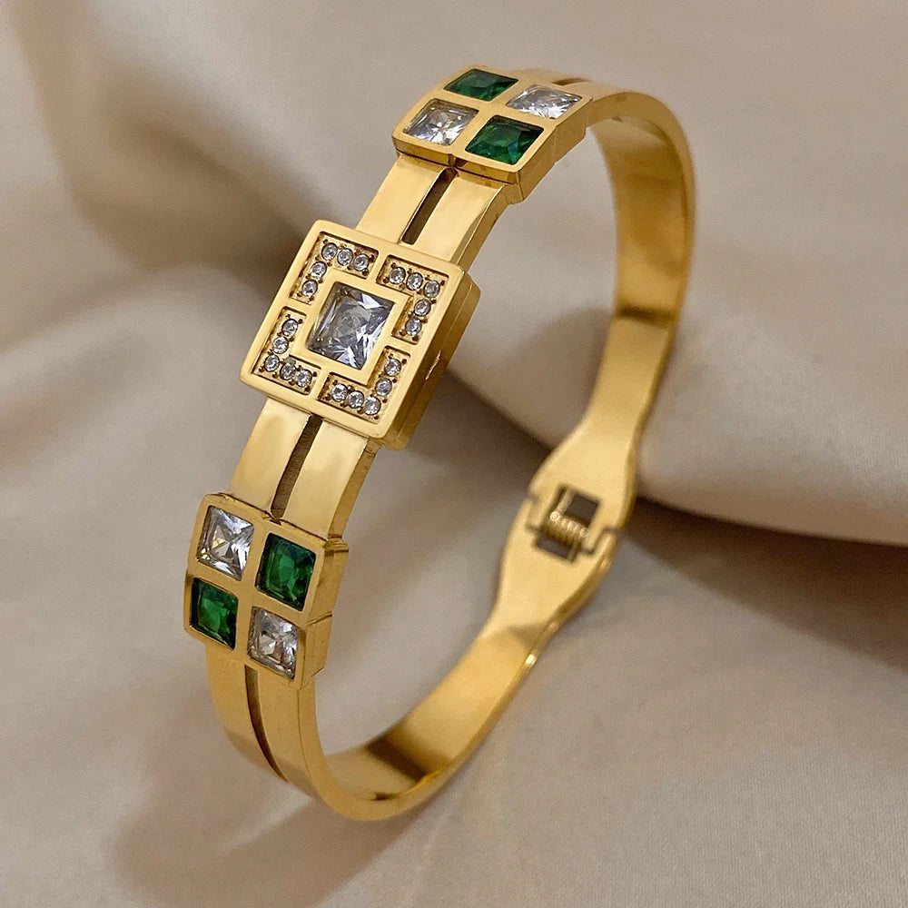 Luxury Designer Royal Emerald Green White Zircon Bangle Cuff Bracelet