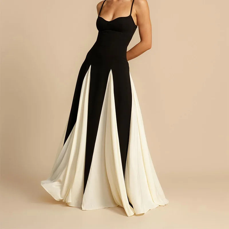 Elegant Black White Contrasting  Sling Backless Sleeveless High Waist Max Dress