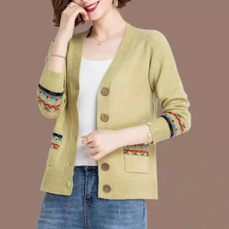 Folk Vintage Button V-Neck  Cardigans with Long Sleeves and Pockets