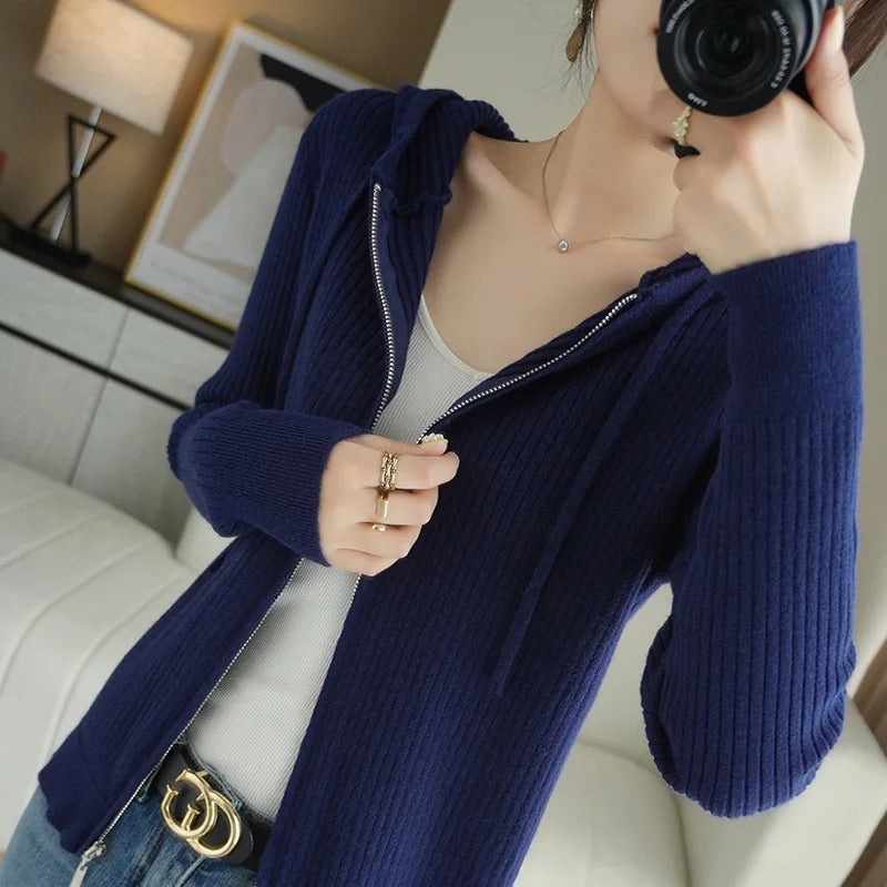 Buttery Soft 100% Pure Merino Wool Knitted  Zipper Hooded Cardigan