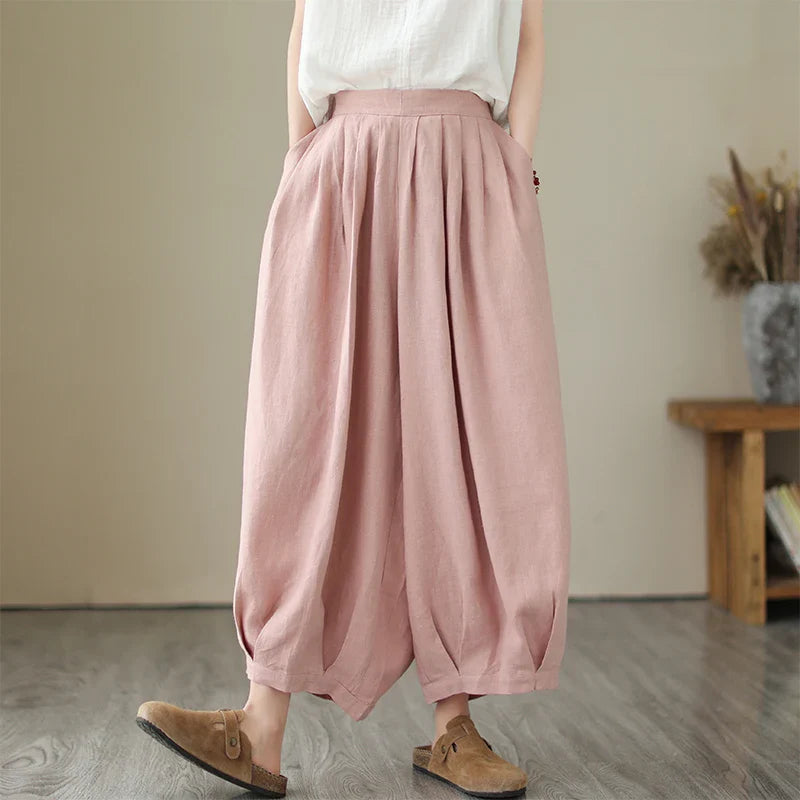 Arts Style Ankle-length Loose Elastic Waist Wide Leg Pants