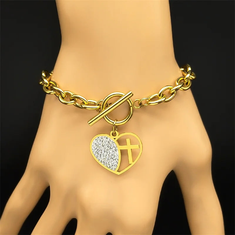 Rhinestone Heart Cross Matching Pendant & Bracelet Jewelry Set