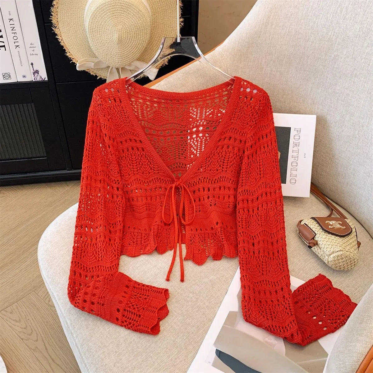 Casual Comfort Crochet  Short Top  Knitted Cardigan with Long Sleeves