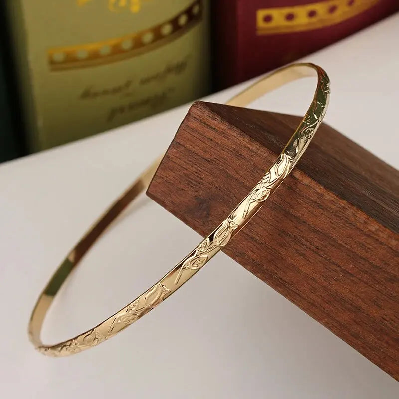 Slim Metal Bangles Gold Plated Carved Flower Layered Cuff Bracelet