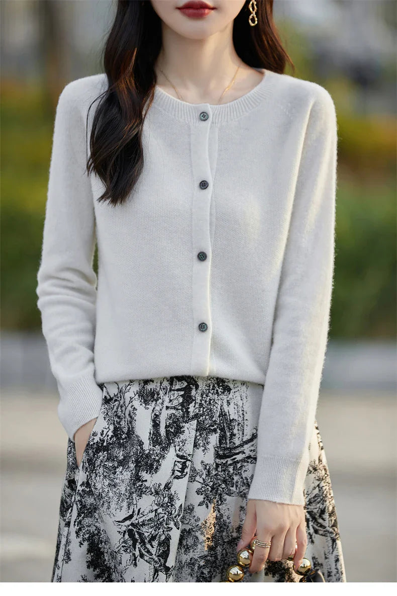 Soft Wool Cashmere Blend Knitted Round Neck Cardigan