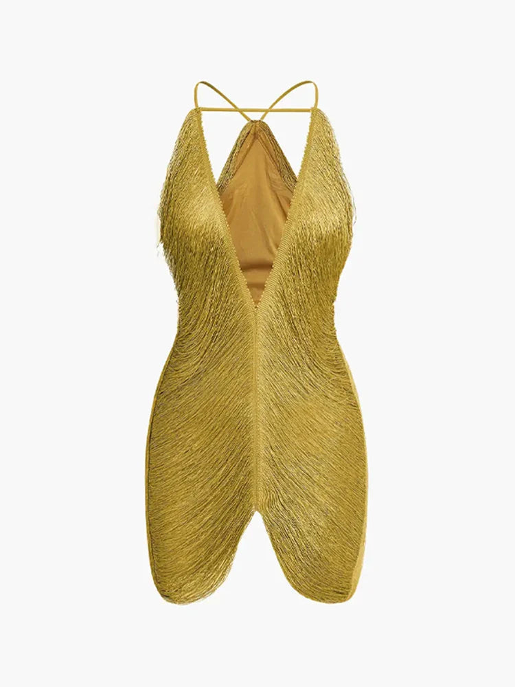 Shiny Tassels Halter Off Shoulder Sleeveless Slim  Mini Dress