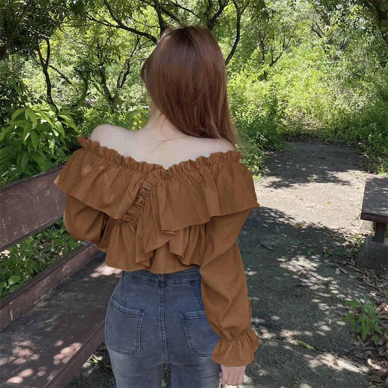 Ruffles Patchwork V-Neck Crop Tops Blouse  with Long Sleeve