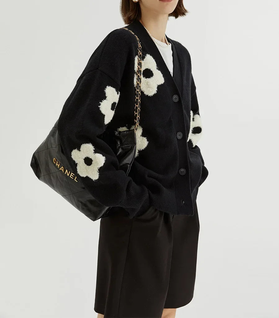 Trendy Floral Embroidered Knitted  Loose Fitting Cardigan