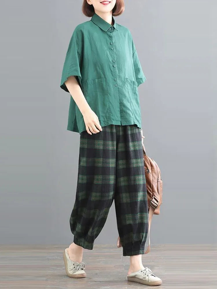 Vntage Style Loose Cotton Shirts & Plaid Pants 2 Piece Set